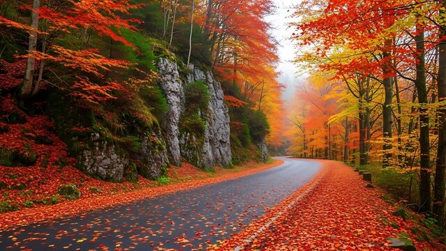 Winding road through forest ablaze with autumn colors, leaves carpet road - Powered by Adobe