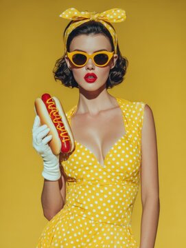 Vibrant retro woman in yellow holding a hot dog