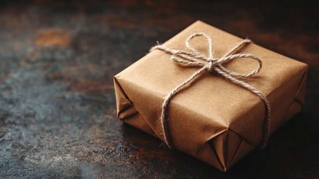 Rustic kraft paper wrapped gift with white string bow on neutral background, simple and sustainable gift wrapping.