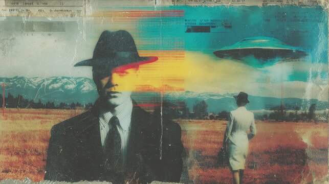 Man in fedora collage with UFO and woman walking in field. Retro alien encounter concept for mysterious science fiction