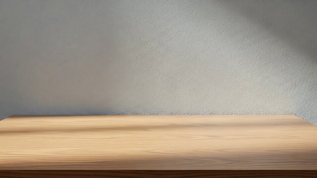 Wooden table with textured wall background, angled light, and shadow. Simple, clean, minimal design