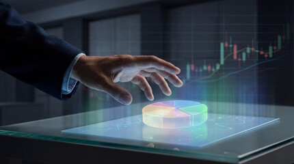 A futuristic scene of a person interacting with a holographic interface on a transparent touchscreen display in a dark room