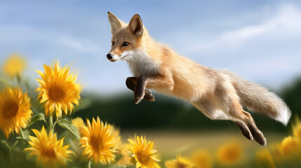 Fototapeta premium Fox Leaping Over Yellow Flowers in a Field