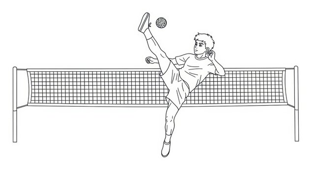 Sepak Takraw Player Kicking Ball Over Net, Dynamic Action Line Art