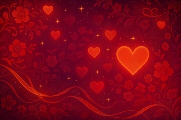 Romantic Glowing Hearts and Elegant Red Floral Pattern Background Texture.