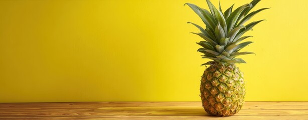 The Pineapple on a Wooden Table Against a Bold Yellow Background