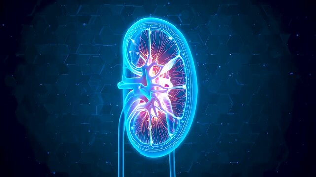 Glowing Human Kidney Anatomy with Vascular System Highlighted in Blue Light Showing Medical Visualization of Renal Function and Health
