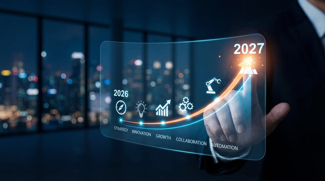 A futuristic digital interface with a glowing 2027 projection in a dark business setting with cityscape background - Powered by Adobe