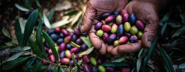 The Olives in Farmer's Hands During Colorful Harvest in Mediterranean Orchard