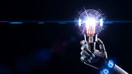 Robotic hand holding glowing light bulb with circuit lines and blue accents