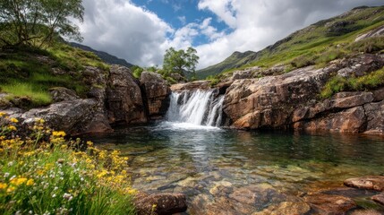 Scenic waterfall cascading into clear water surrounded by lush greenery