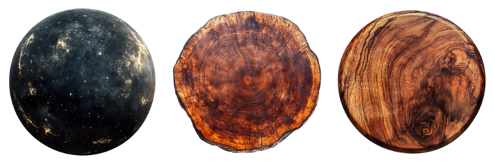 Close-up shot of three wood slices showing the intricate natural textures and patterns of wood grain. The warm colors, from dark to light, and unique rings capture the essence of nature and design.