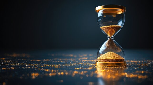 Sand passing in hourglass, countdown running time, deadline on empty grey background copy space