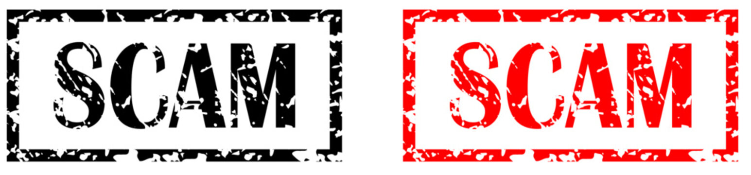 Red Scam Alert Fabricated Counterfeit Fake Rubber Stamp Grunge Texture Label Badge.