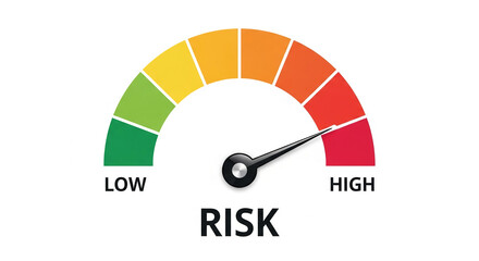 Color-coded gauge displays risk level, needle points to high risk area, indicating potential danger or threat, useful for safety, security, and management concepts