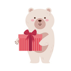 Fototapeta premium A cute polar bear holding a gift in its paws. Vector flat illustration of a character preparing for the holidays.