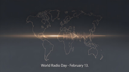 World Radio Day abstract sound wave over world map. Digital broadcasting and global audio concept.