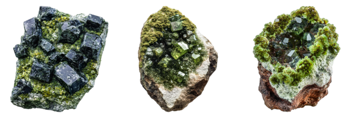 Collection of raw, uncut gemstones displayed in a row, each exuding a unique texture. The focus is on the intricate formations and vibrant colors of the natural stones.