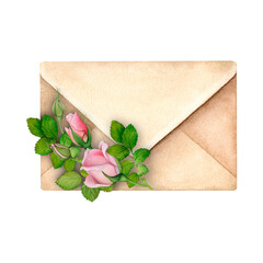 Romantic Watercolor Envelope with Pink Roses