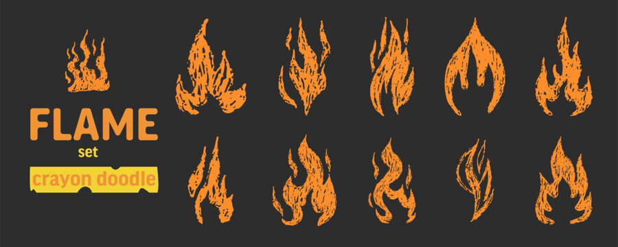 Chalk Fire flame grunge hand drawn crayon, chalk. Tattoo abstract y2k vintage simple shape. Scrapbook sticker with brush or crayon fire. Graffiti doodle.