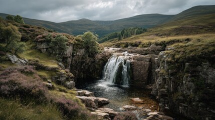 Scenic waterfall cascading into a serene river surrounded by lush greenery