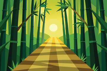 Serene Bamboo Forest Pathway With Sun Rays
