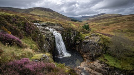 Scenic waterfall cascading into a pool surrounded by lush green hills