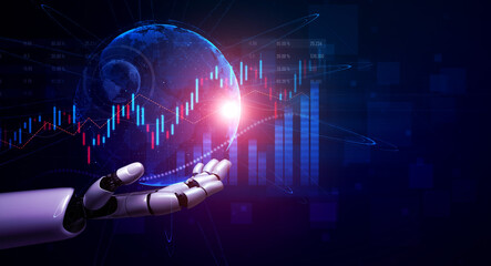 A futuristic robotic hand showcases a glowing globe amidst dynamic financial graphs and data visualization, symbolizing the intersection of technology and global finance. Scalp