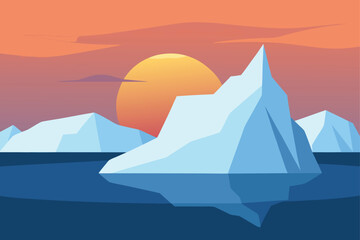 Iceberg Filled Polar Sea At Golden Sunset