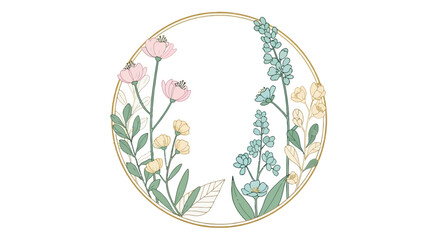 Obraz premium Golden circle frame with spring flowers and leaves, elegant floral border, botanical illustration