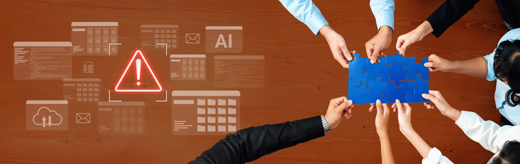 Diverse group of professionals engaged in problem-solving activity, holding puzzle pieces while elements of technology and alert symbols highlight modern challenges in business. Gantry