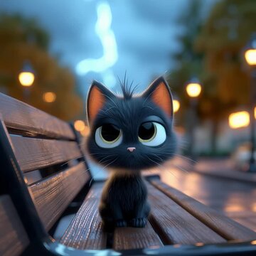 Un adorable gatito negro observa la lluvia con ojos grandes y curiosos.