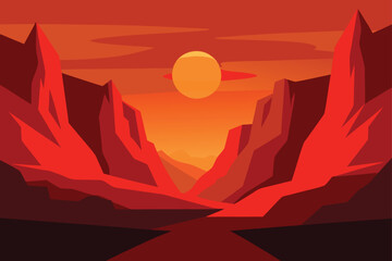 Desert Canyon At Sunrise With Glowing Red Rocks