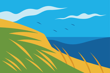 Coastal Grassland Beside Blue Ocean