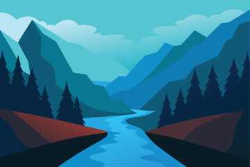 Calm Mountain River Flowing Through Rocky Forest