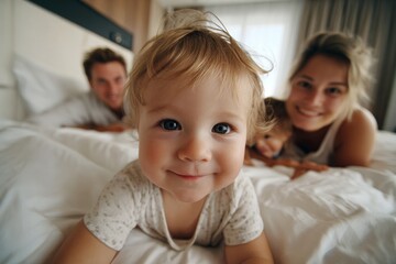 Fototapeta premium Attractive Baby Smiles in a Bed With Family in Luxury Apartment During the Day in Bright Light