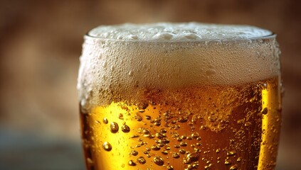 Golden lager with foamy head and bubbles rising in a clear glass