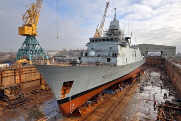 Fototapeta premium Naval Warship Undergoes Repair and Maintenance Work in Dry Dock Shipyard With Cranes and Equipment Around
