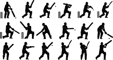 Cricket player silhouette set showing batting shots, defensive strokes, and action poses with bat and ball isolated on white background for sports design use