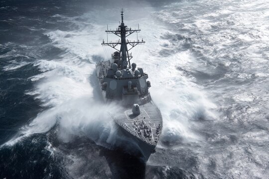 Powerful Guided Missile Destroyer Navigating Ocean Waves With Speed and Strength in Clear Weather During Daylight Hours