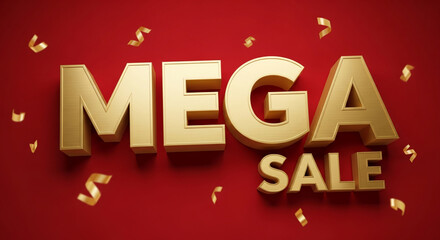 Golden "MEGA SALE" text on red background, adorned with gold confetti, ideal for promotional banners or sale advertisements, showcasing a luxurious and festive feel
