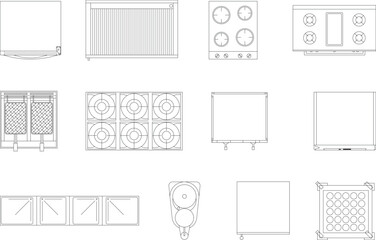 Kitchen appliance, top view, architectural plan, fridge, grill, multiple hob, oven, fryer, espresso machine, dish washer, fish cleaning counter, coffee grinder, trolley, customizable stroke, vector © Hasan
