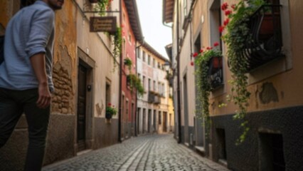 Obraz premium Blurred image: tourist walking through narrow ancient european street with stone pavement and flower balconies for travel blogs, lifestyle websites, social media content, bokeh
