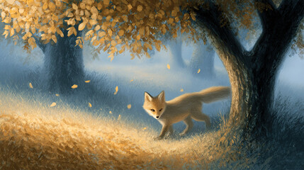 Fox walking through golden autumn grass under a tree canopy