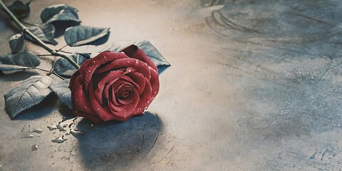 Single red rose with wilted leaves on grunge textured surface, dramatic lighting