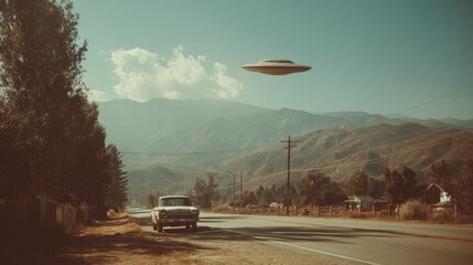Naklejka premium Mysterious ufo flying over a vintage car on a desert road collage. Retro style alien spaceship visiting earth concept. Science fiction poster