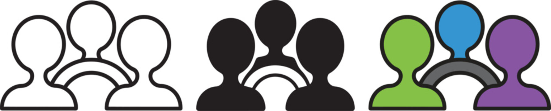 Group of people icons presenting teamwork and community in various styles outline solid and color