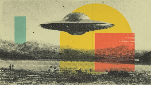 Retro style collage with a mysterious ufo flying over a landscape. Vintage grainy art for sci-fi theme or abstract design. Illustration of an alien spacecraft