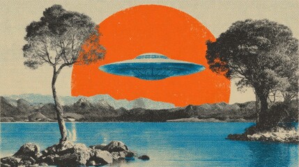 Collage with a mysterious ufo flying above a lake with trees and mountains. Retro style science fiction art for design background