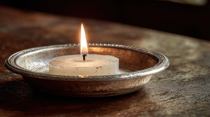 Lit candle in silver dish on dark surface decorative lighting concept